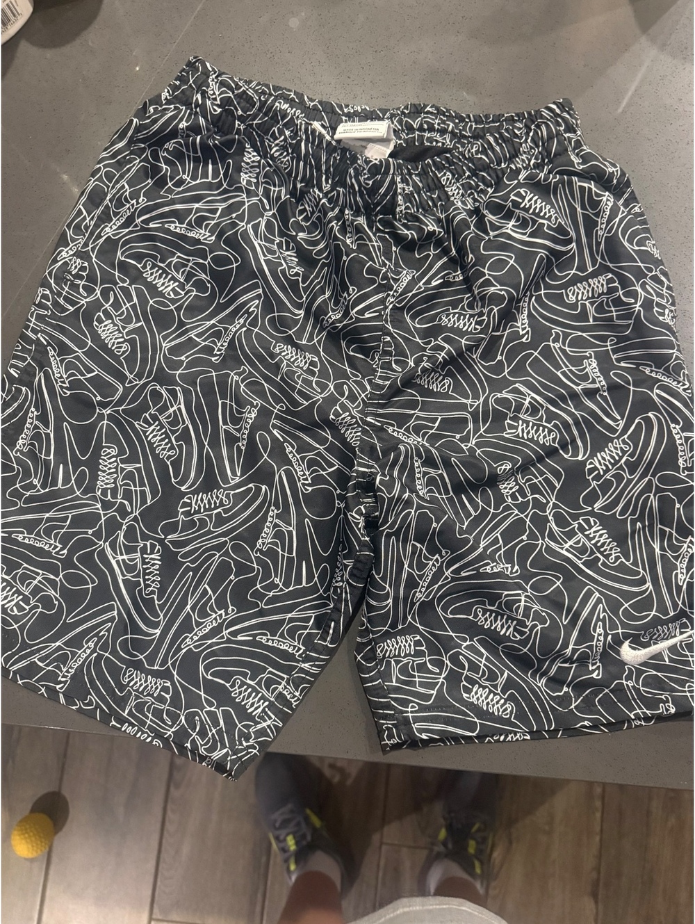 Nike Boys' Black and White Athletic Shorts with Shoe Print, Size Large